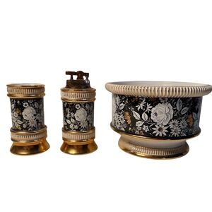Vintage SSF Italy Ceramic Smoking Set Table Lighter Ashtray Floral Gold 937 3pc